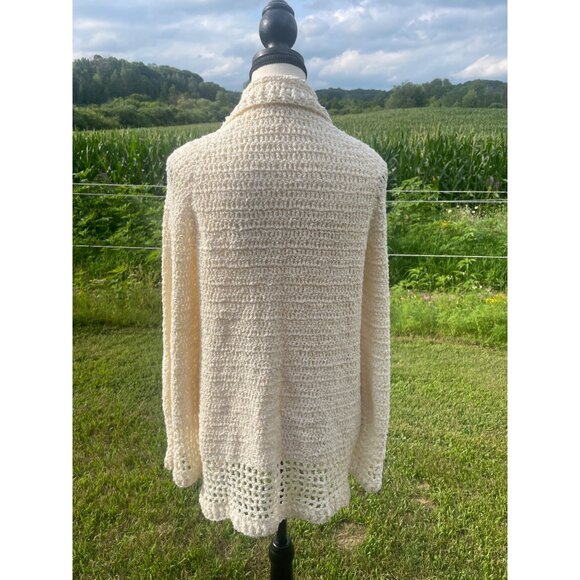 Handmade Womens Cream Crochet Cardigan Sweater Open Front & Shawl Collar Size Sm - Picture 4 of 5